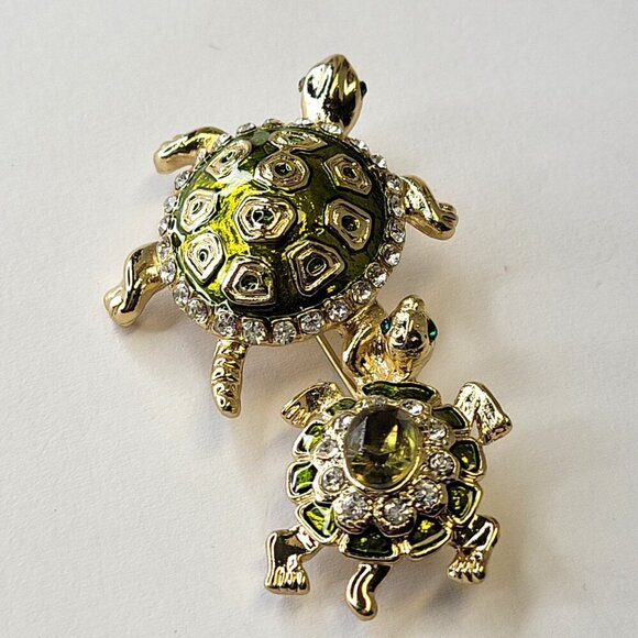 Tortoises Turtles Brooch Gold Tone Green Turtle Brooch - Picture 3 of 10